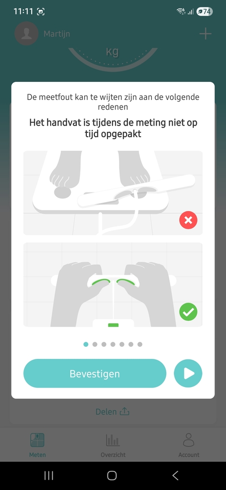 Sacoma Ultra Personenweegschaal app met instructie over sensoren contact, getest door fysioengezond.nl