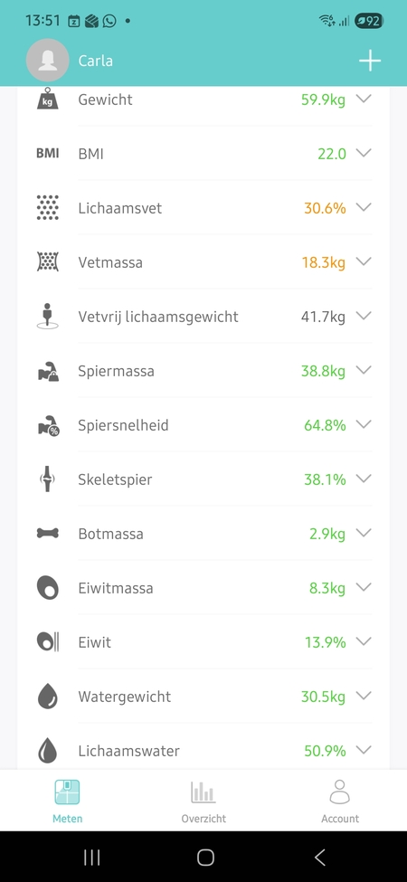 Sacoma Ultra Personenweegschaal app gegevens over BMI, vetmassa, botmassa, gewicht, getest door fysioengezond.nl