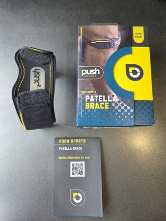 Push Sports patellabrace unboxing met doos, brace en handleiding, getest door fysioengezond.nl