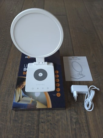 Slowwave Light Boost Max daglichtlamp – unboxing met lamp, adapter en handleiding, getest door fysioengezond.nl