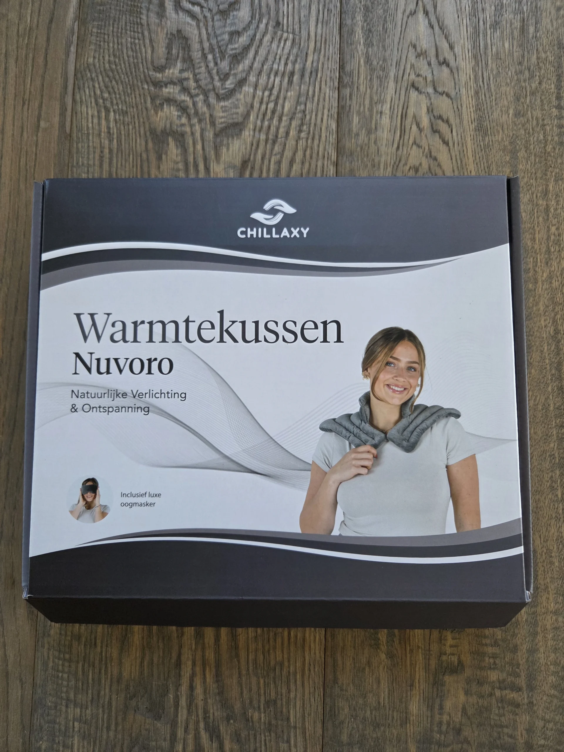 Chillaxy nek warmtekussen verpakking, getest door fysioengezond.nl